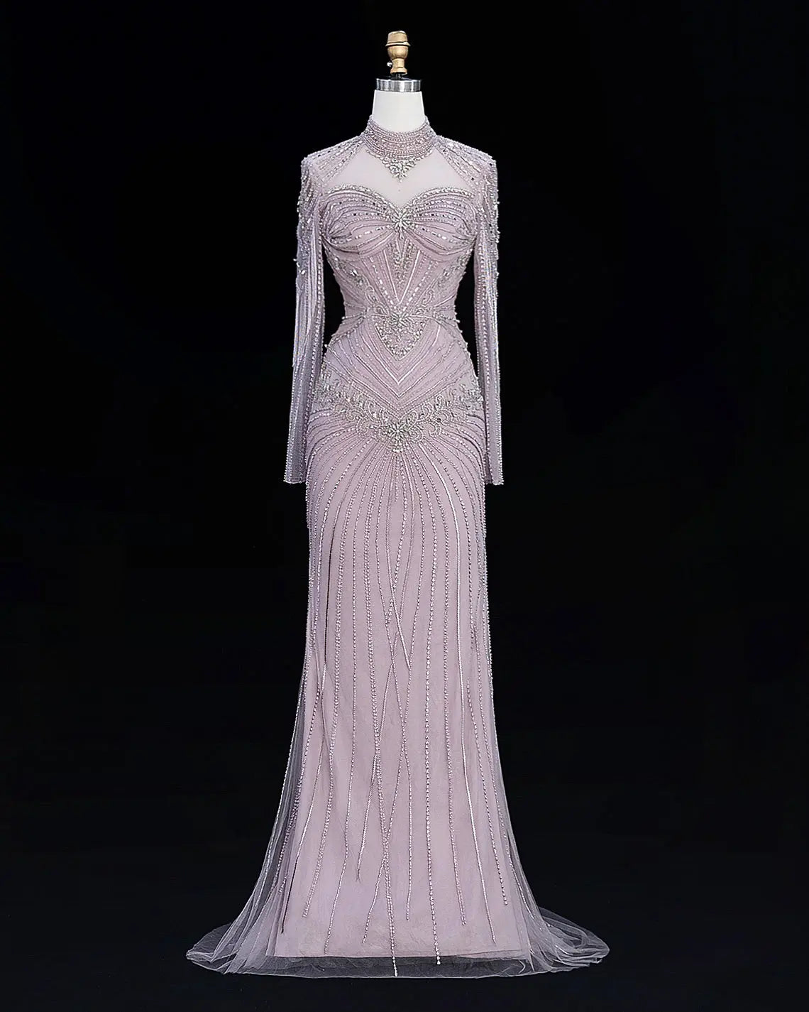 Lilac Beaded Long Sleeve Evening Gown SS171-6