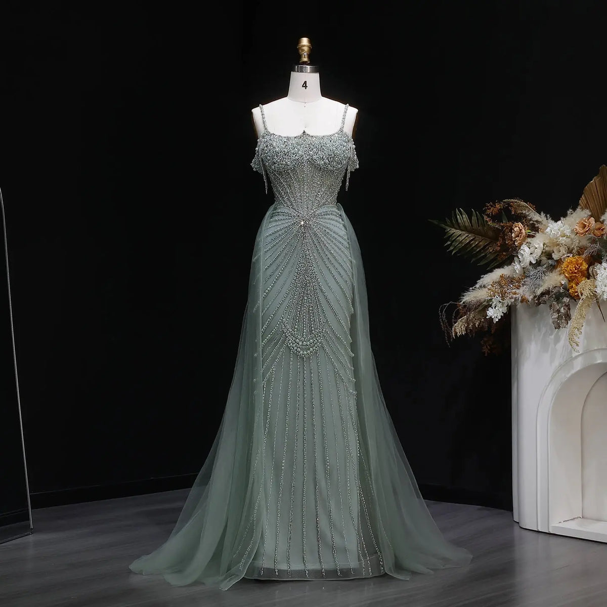Green Beaded Evening Dress with Overskirt SS121