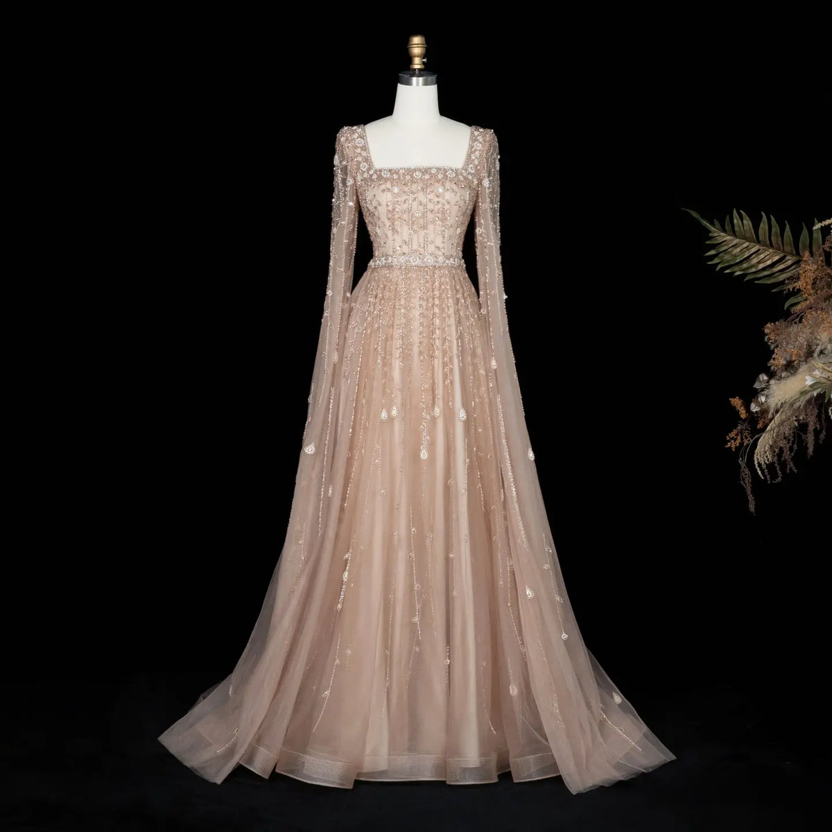 Luxury Square Neck Evening Dress with Cape Sleeves SS494