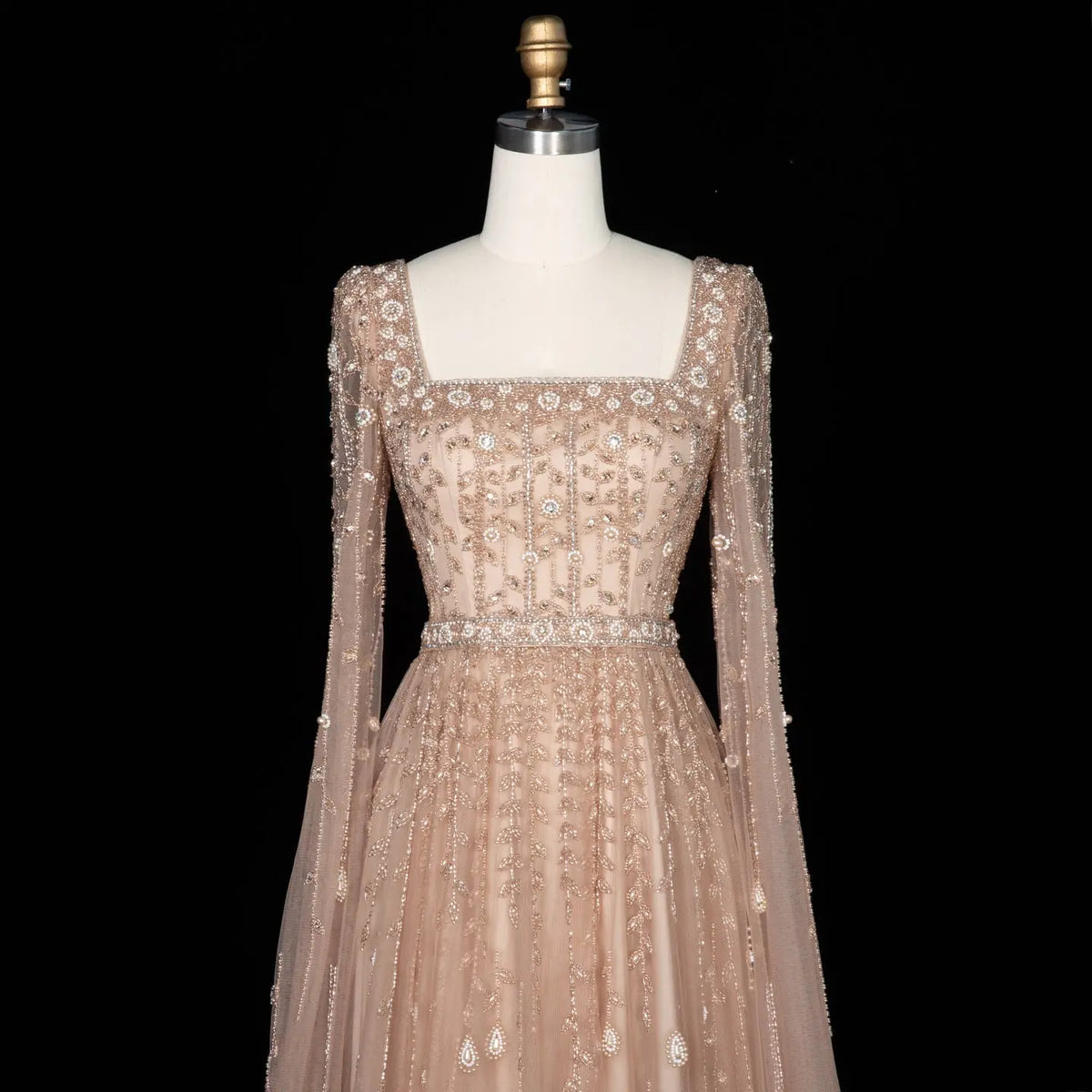 rose gold lace dress with sleeves Gold Sequined Lace Quinceanera princess Evening gown with Crystal Beads, Sweetheart Neckline, Sleeves, Ruffles, and Corset