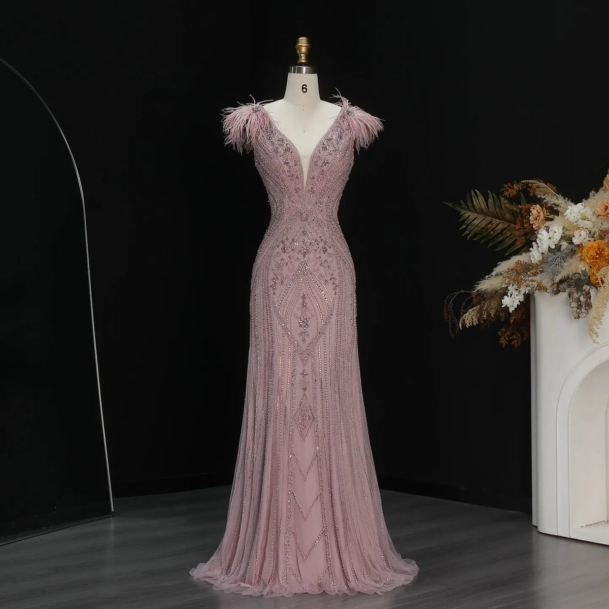 Dreamy Pink V-Neck Feather Trim Beaded Mermaid Evening Dress SS122