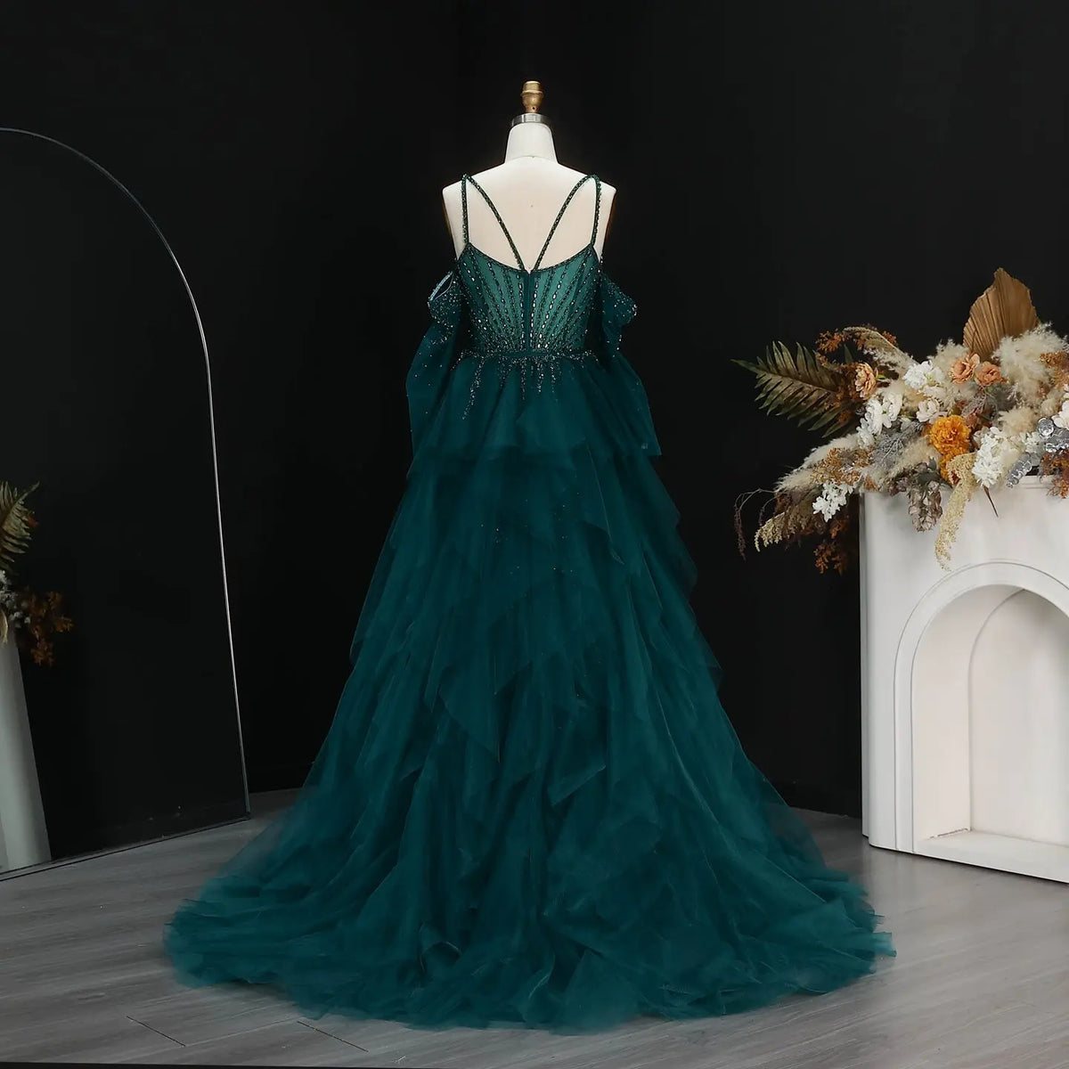 Luxury Teal Off-Shoulder Beaded Evening Dress with Sheer Tulle Sleeves SS123