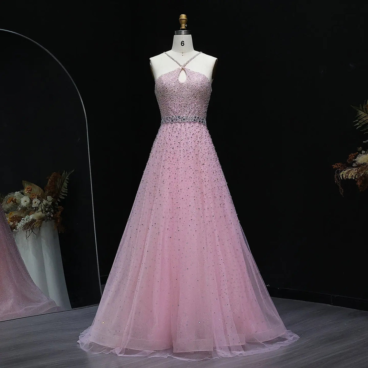 Dusty Pink Beaded Halter Aline Evening Dress SS580