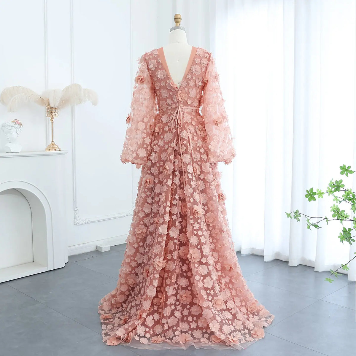 Arabic Peach-Pink 3D Flowers Long Sleeves Evening Dresses SS295 - SHARONSAID Arabic Peach-Pink 3D Flowers Long Sleeves Evening Dresses SS295 - SHARONSAID