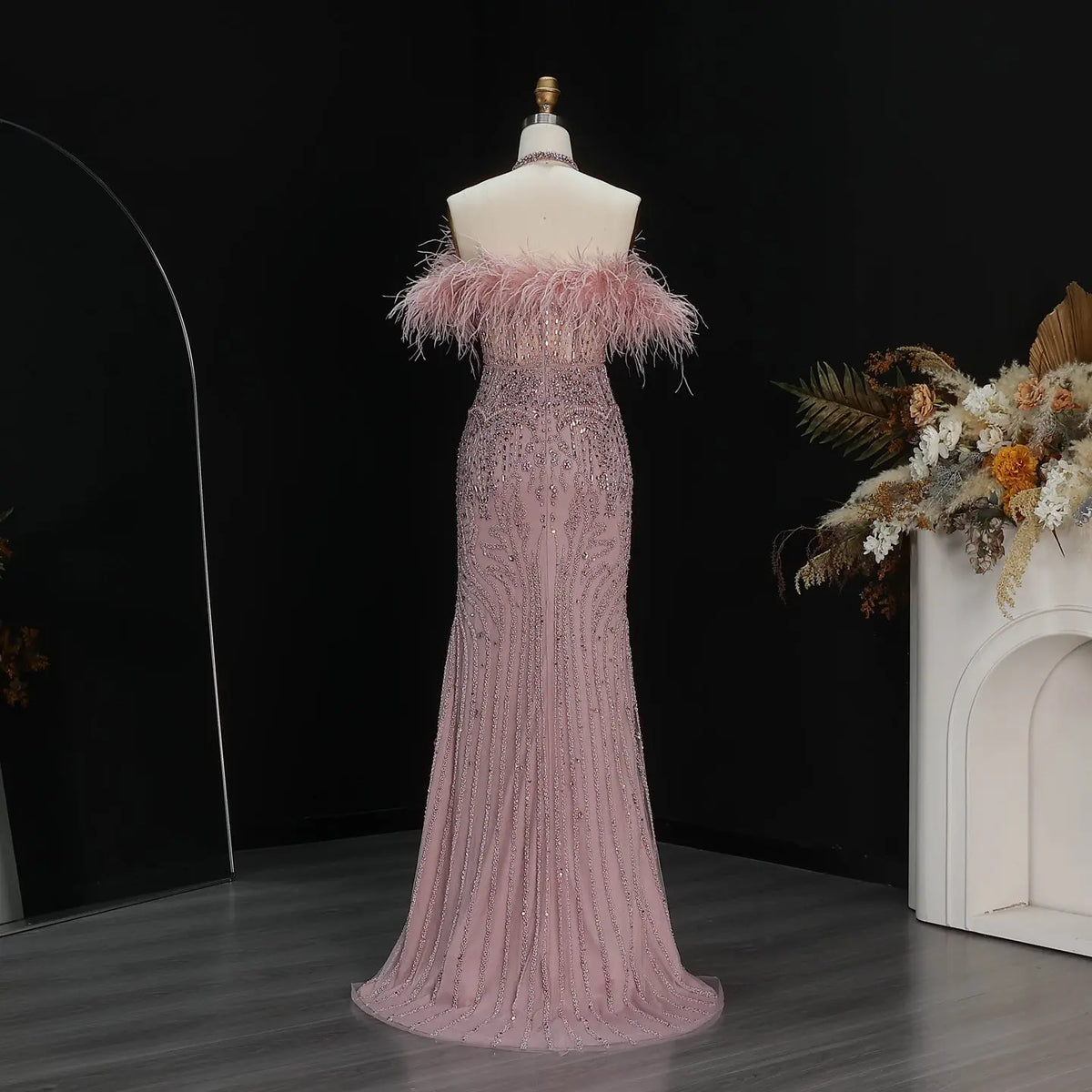 Glamorous Dusty Pink Feather Trim Halter Beaded Evening Dress SS124 Glamorous Dusty Pink Feather Trim Halter Beaded Evening Dress SS124