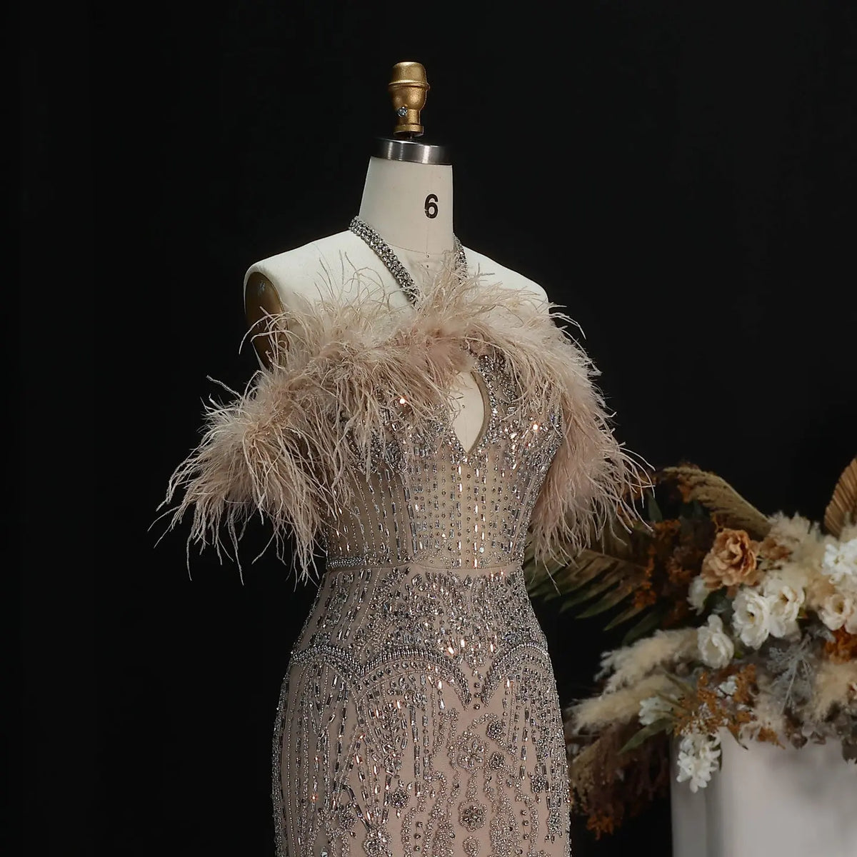 Glamorous Dusty Pink Feather Trim Halter Beaded Evening Dress SS124 Glamorous Dusty Pink Feather Trim Halter Beaded Evening Dress SS124