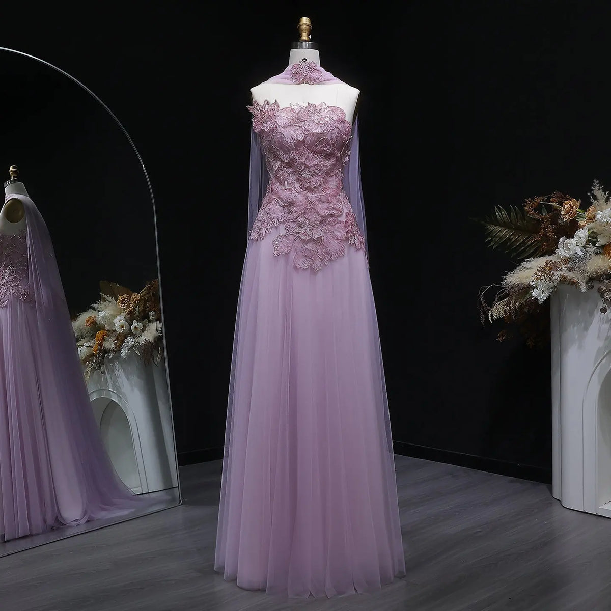 Luxury Pink 3D Floral Strapless Tulle Cape Evening Dress with Scarf SS239 