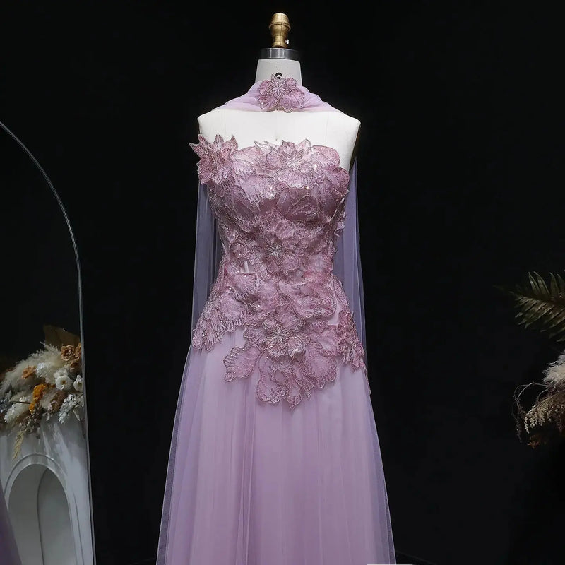 Luxury Pink 3D Floral Strapless Tulle Cape Evening Dress with Scarf SS239 