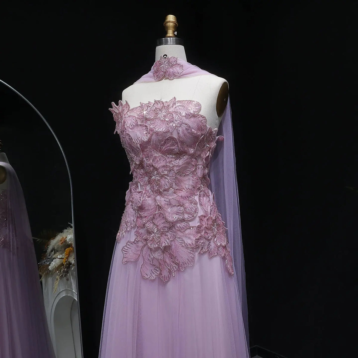 Luxury Pink 3D Floral Strapless Tulle Cape Evening Dress with Scarf SS239 