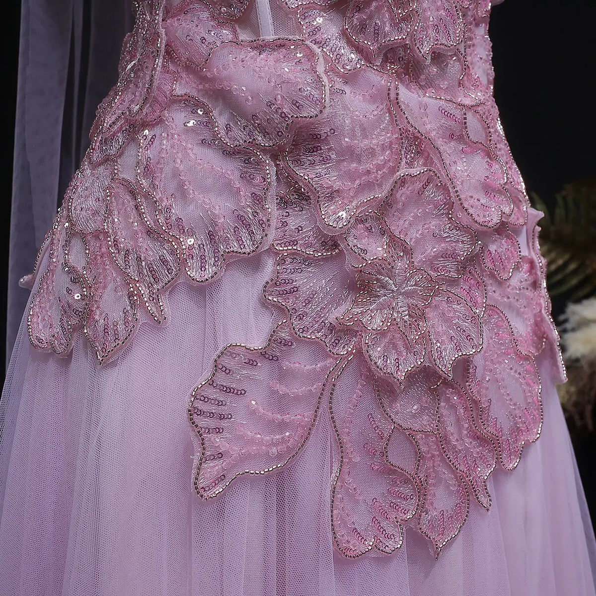 Luxury Pink 3D Floral Strapless Tulle Cape Evening Dress with Scarf SS239 