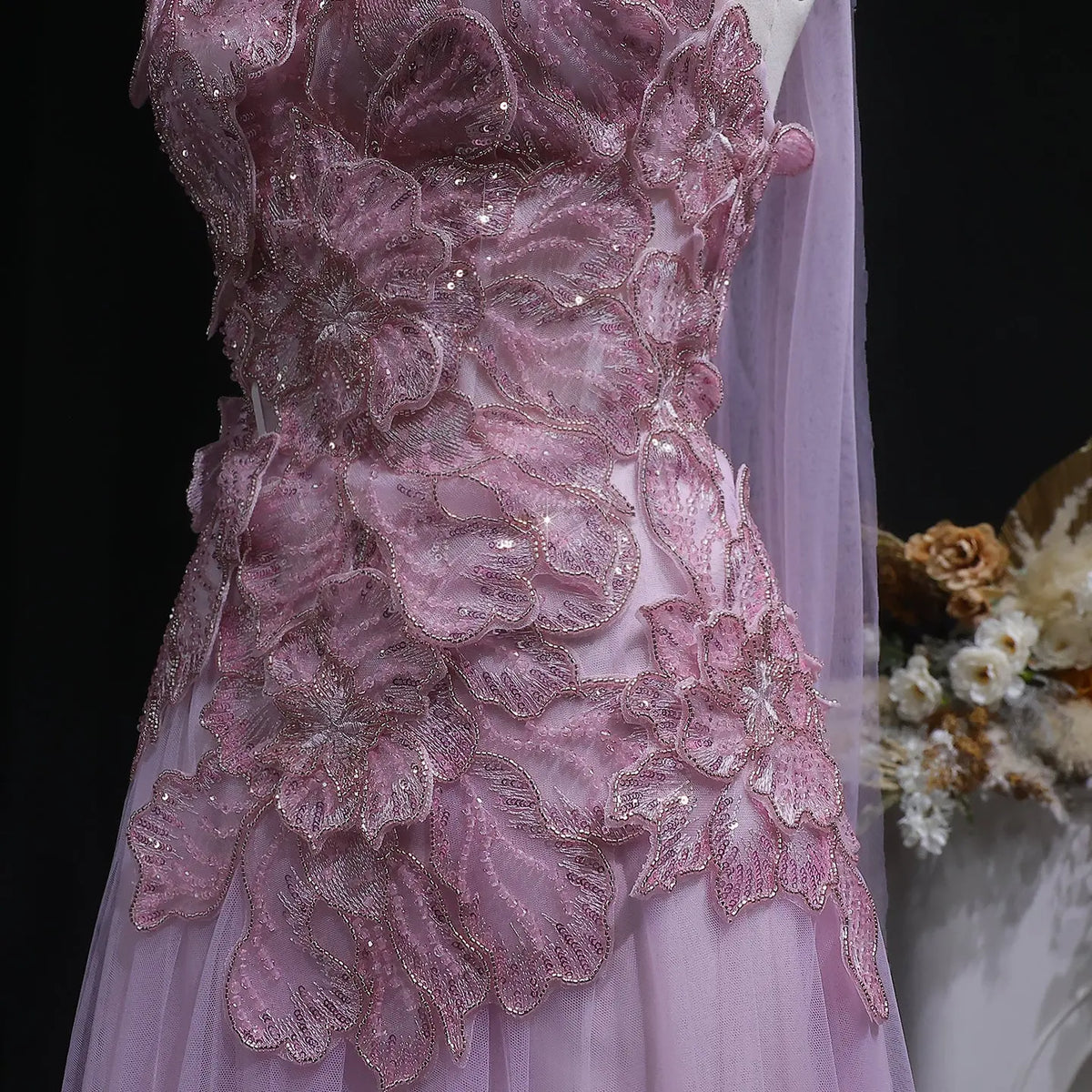 Luxury Pink 3D Floral Strapless Tulle Cape Evening Dress with Scarf SS239 