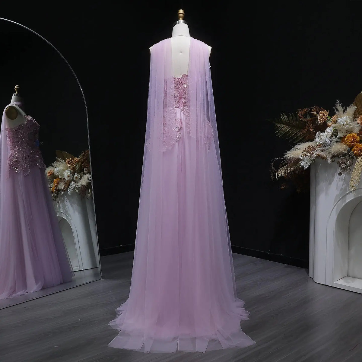 Luxury Pink 3D Floral Strapless Tulle Cape Evening Dress with Scarf SS239 