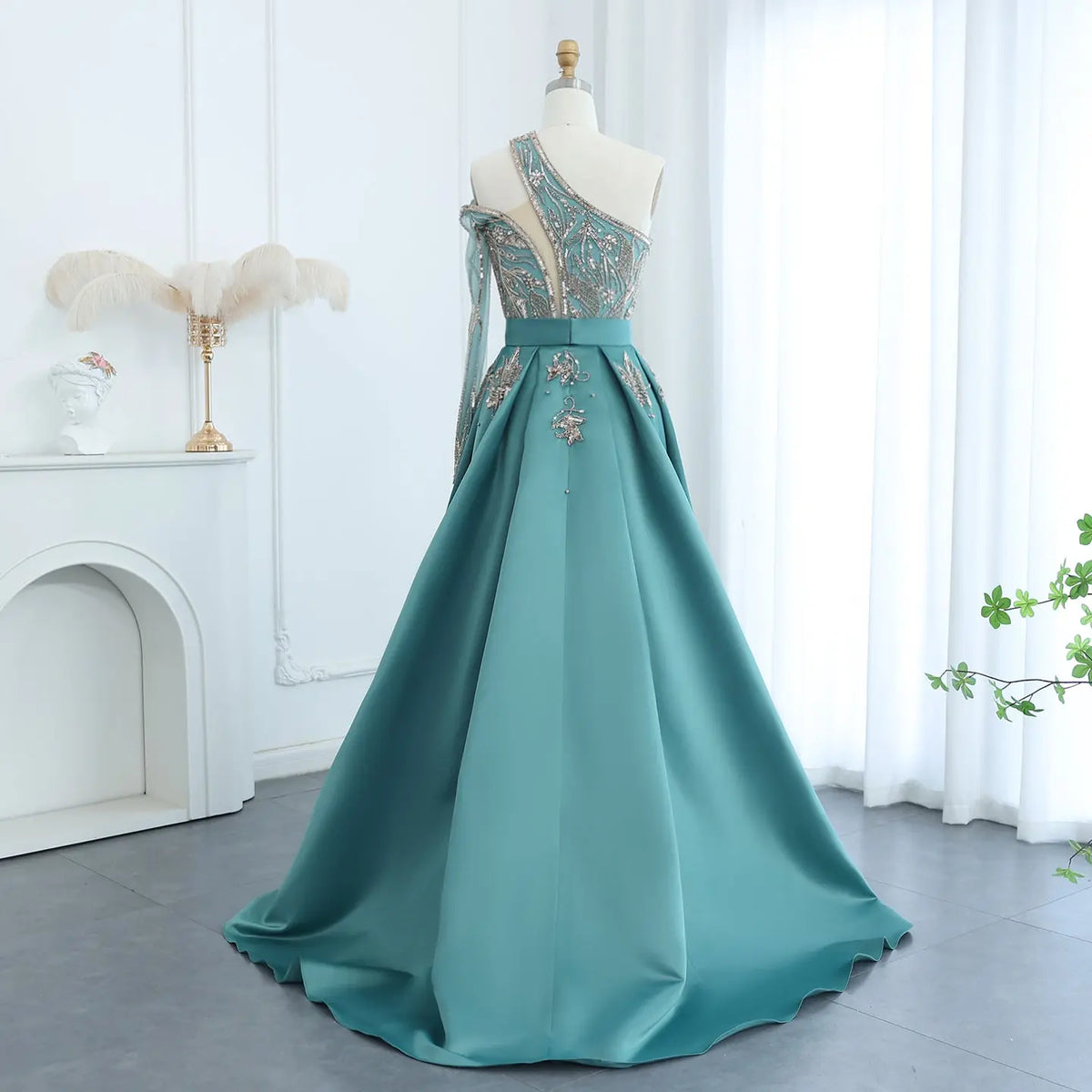 Luxury Turquoise One-Shoulder Evening Dress with Overskirt SS307 