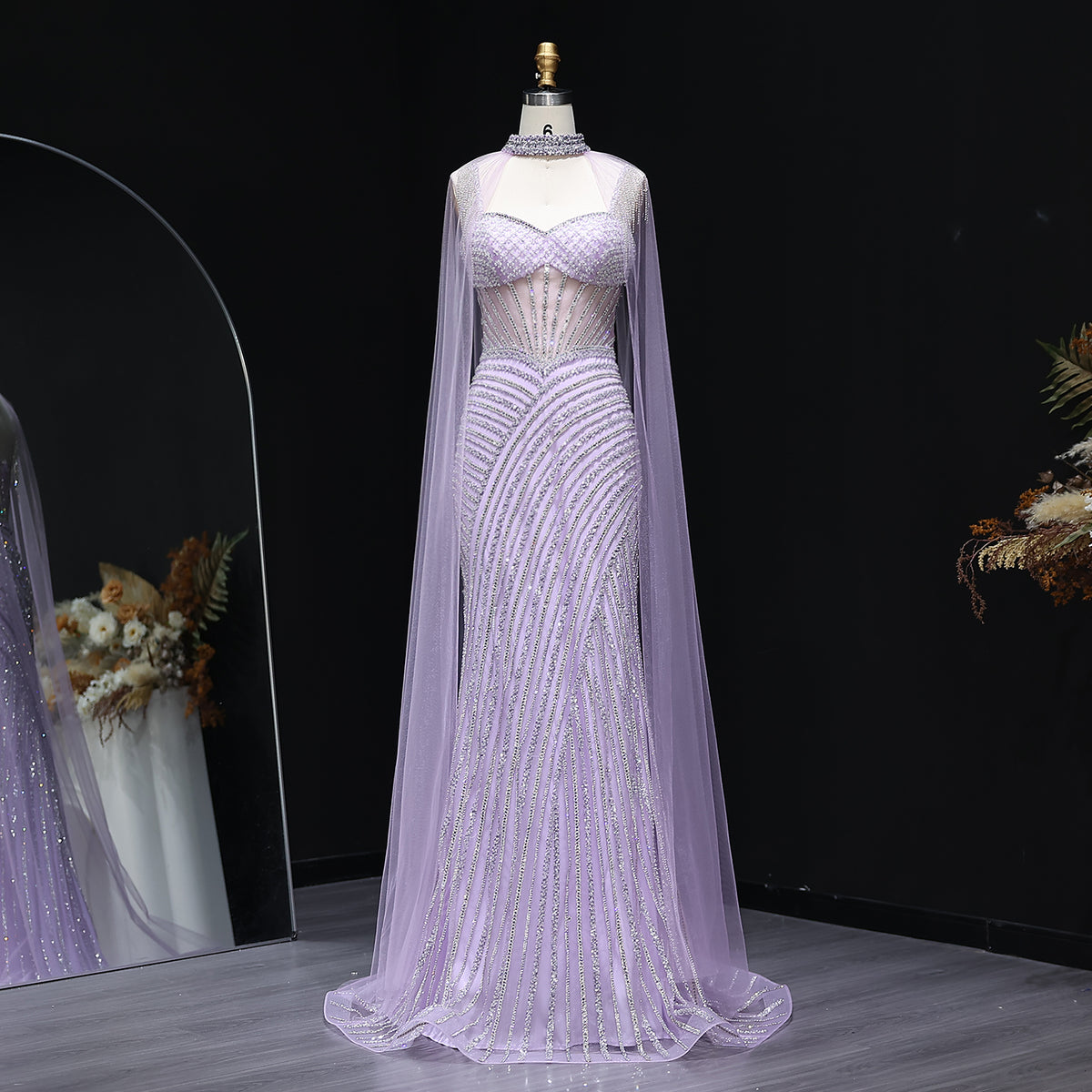 Glamorous Crystal Lilac Evening Dress with Cape  SS070