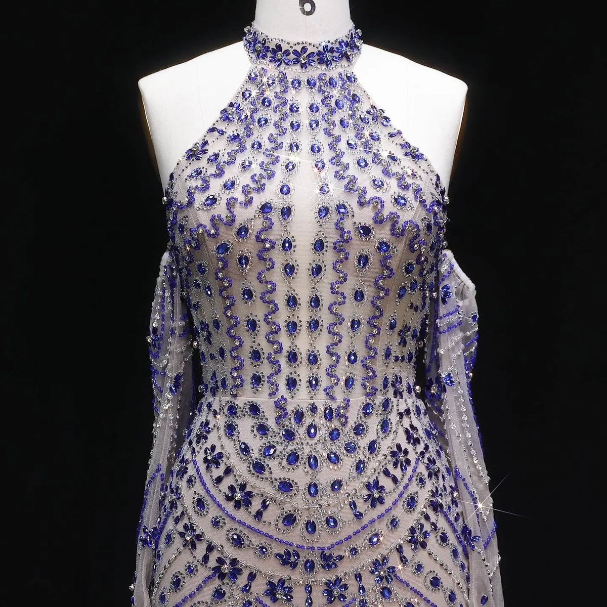 Luxury Nude Base Blue Crystal Beaded Halter Neck Evening Dress SS125 SHARONSAID Luxury Nude Base Blue Crystal Beaded Halter Neck Evening Dress SS125 SHARONSAID