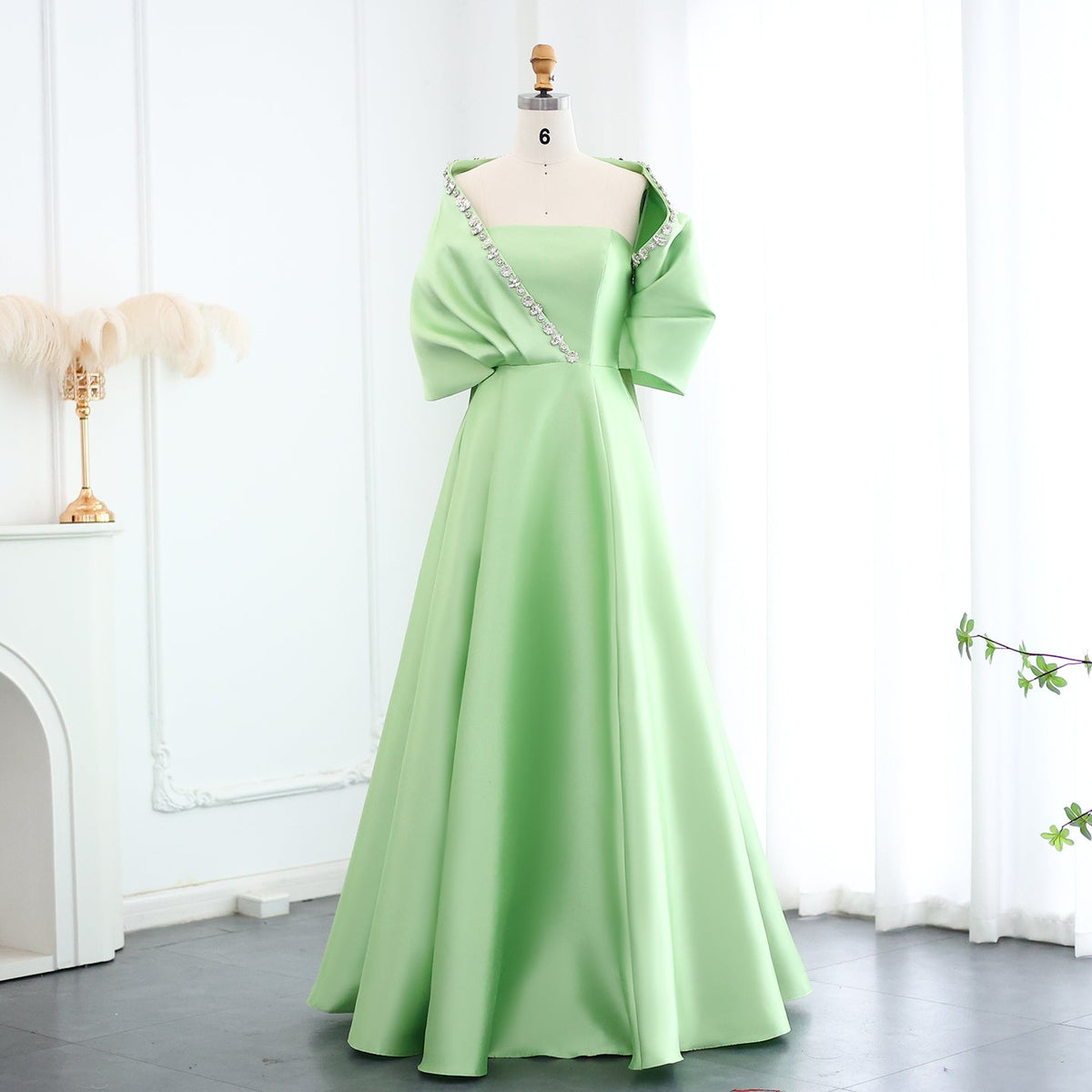 Luxury Crystal Green Evening Dress with Cap and Overskirt SS577