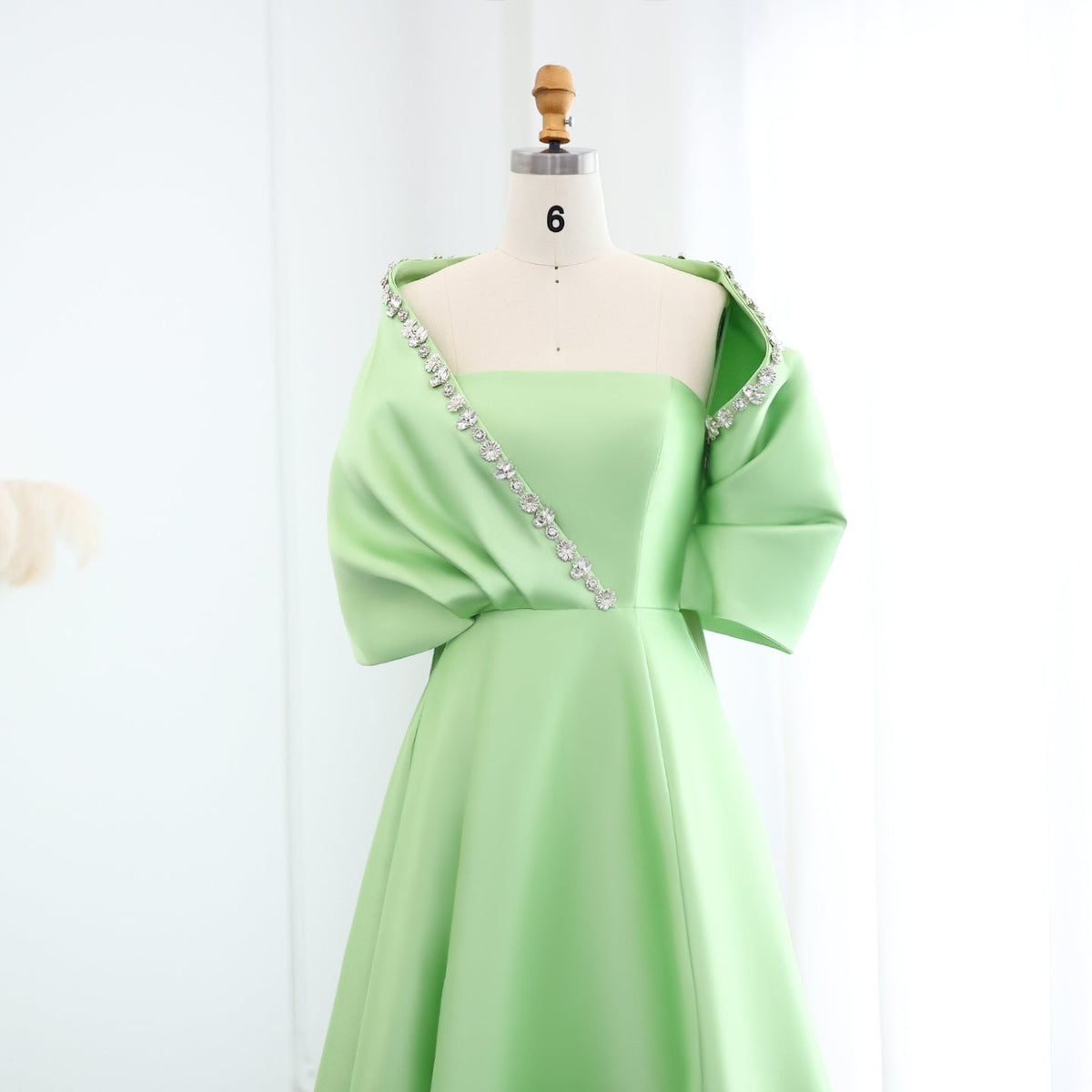 Luxury Crystal Green Evening Dress with Cap and Overskirt SS577