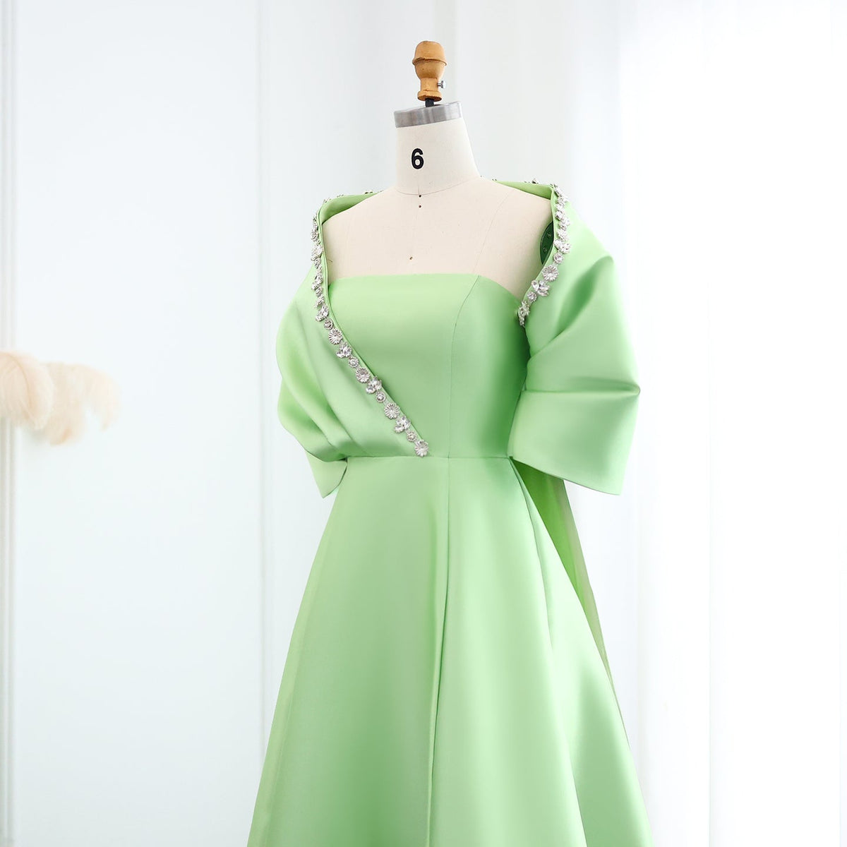 Luxury Crystal Green Evening Dress with Cap and Overskirt SS577