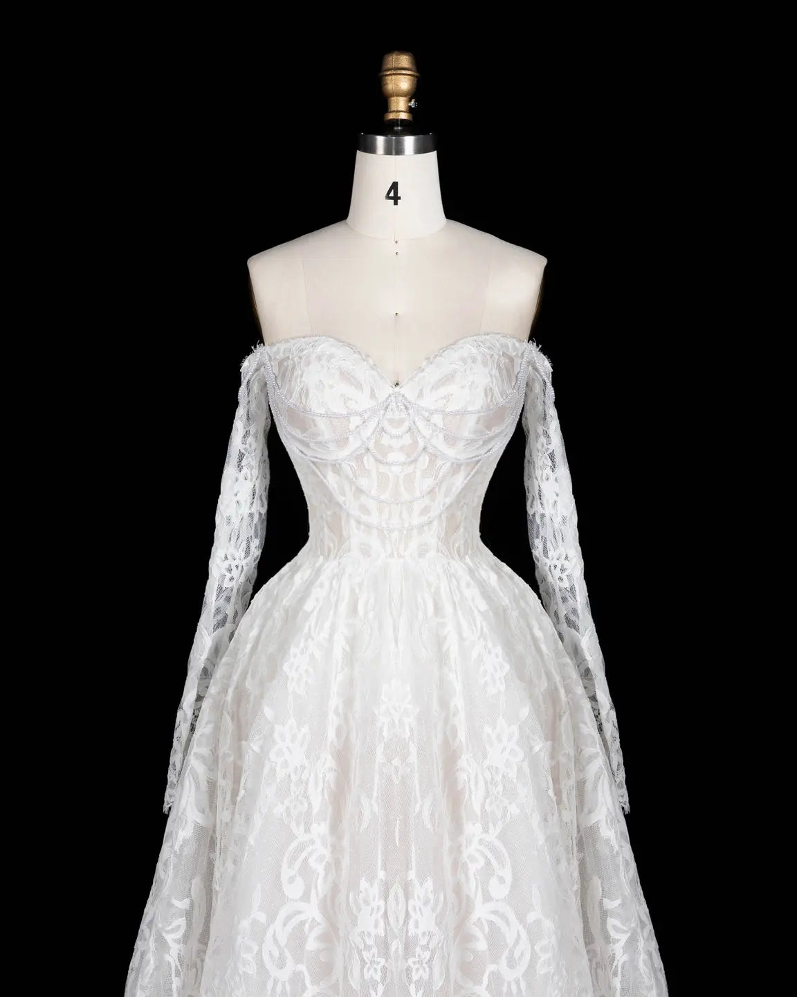 White Lace Long Sleeve A Line Wedding Dress-3