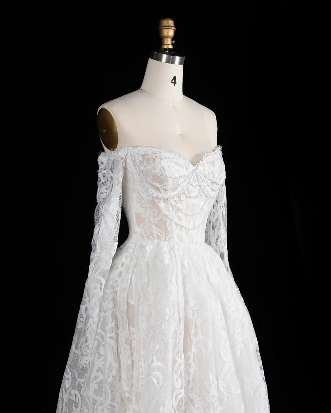 White Lace Long Sleeve A Line Wedding Dress-4