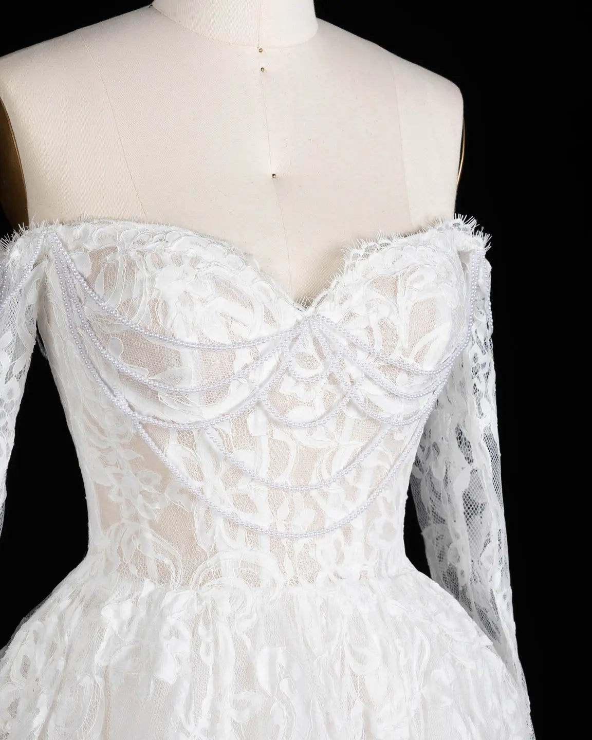 White Lace Long Sleeve A Line Wedding Dress-8