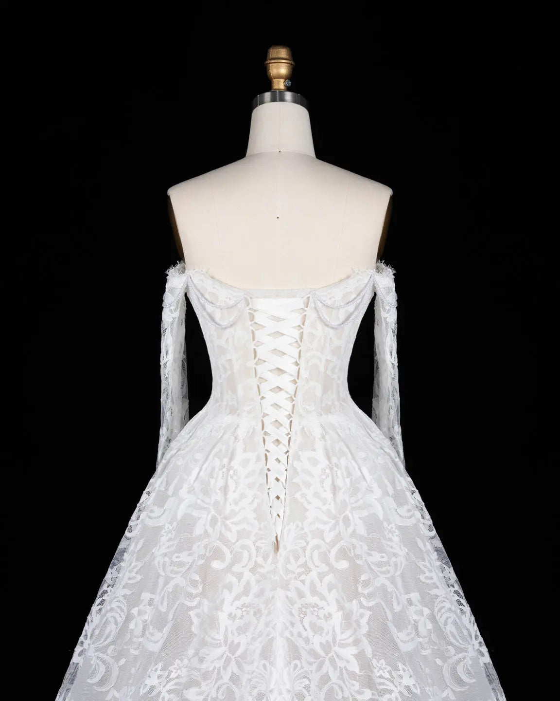 White Lace Long Sleeve A Line Wedding Dress-9