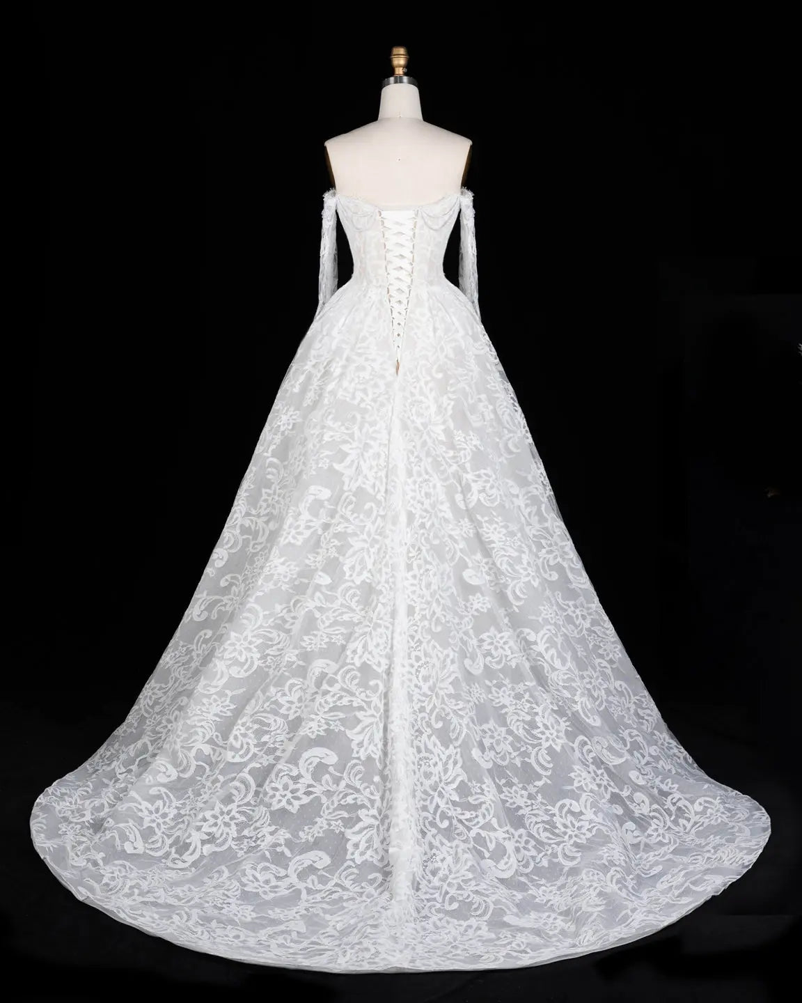 White Lace Long Sleeve A Line Wedding Dress-10
