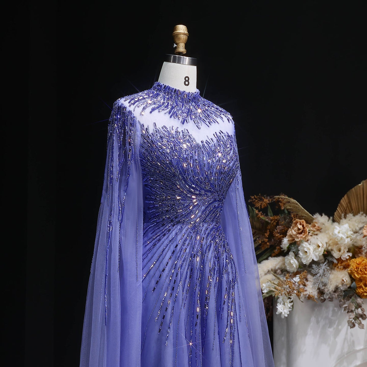 Luxury Blue High Neck Beaded Evening Dress with Cape Sleeve SS134 