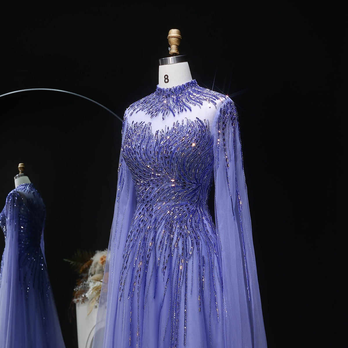 Luxury Blue High Neck Beaded Evening Dress with Cape Sleeve SS134 