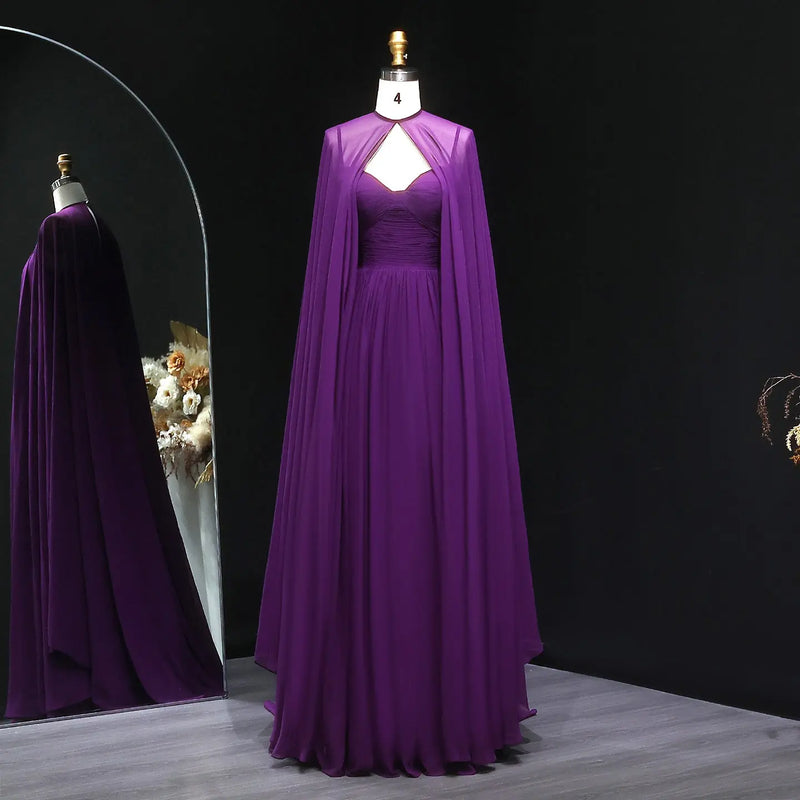 Elegant Purple Chiffon Evening Dress with Cape SF002 