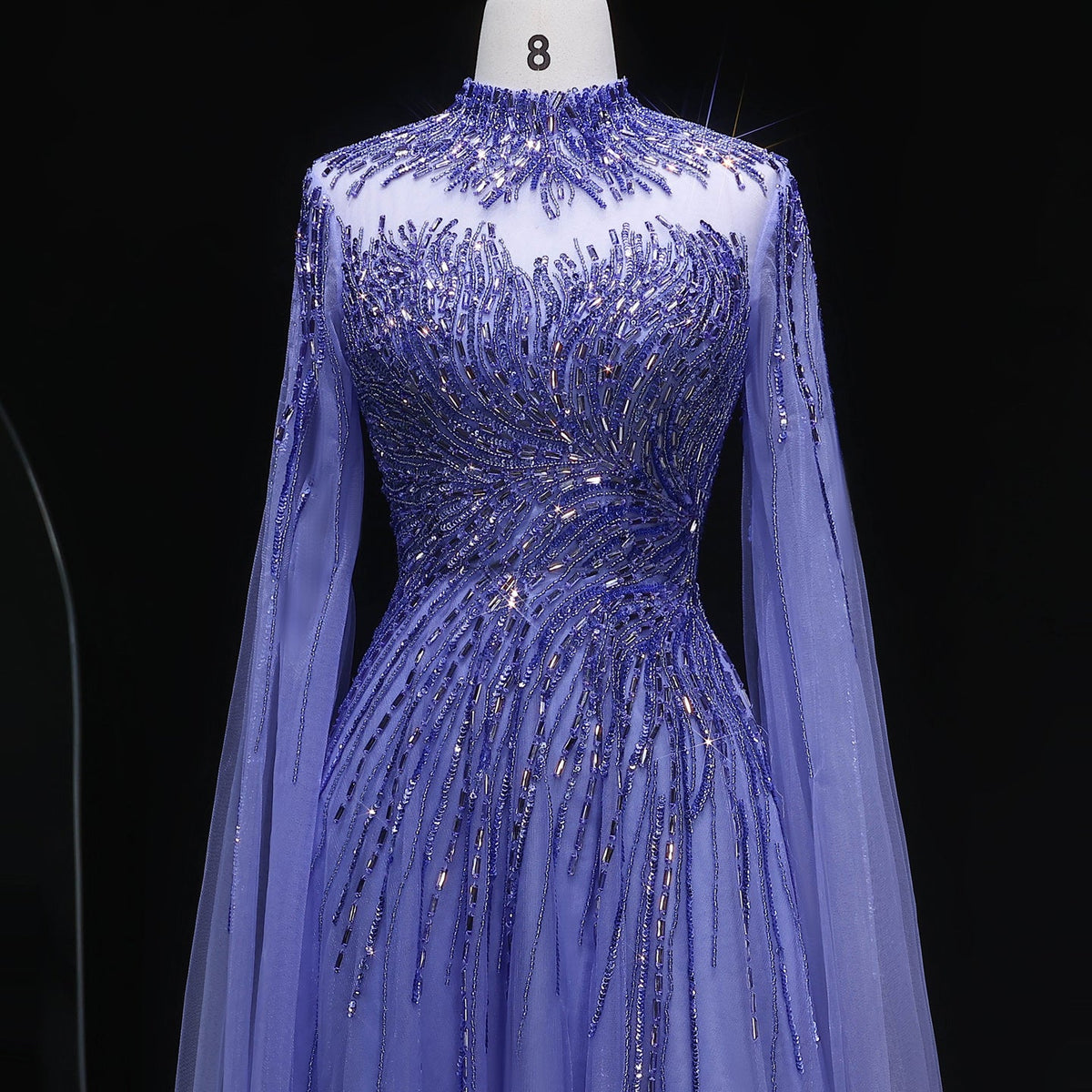 Luxury Blue High Neck Beaded Evening Dress with Cape Sleeve SS134 