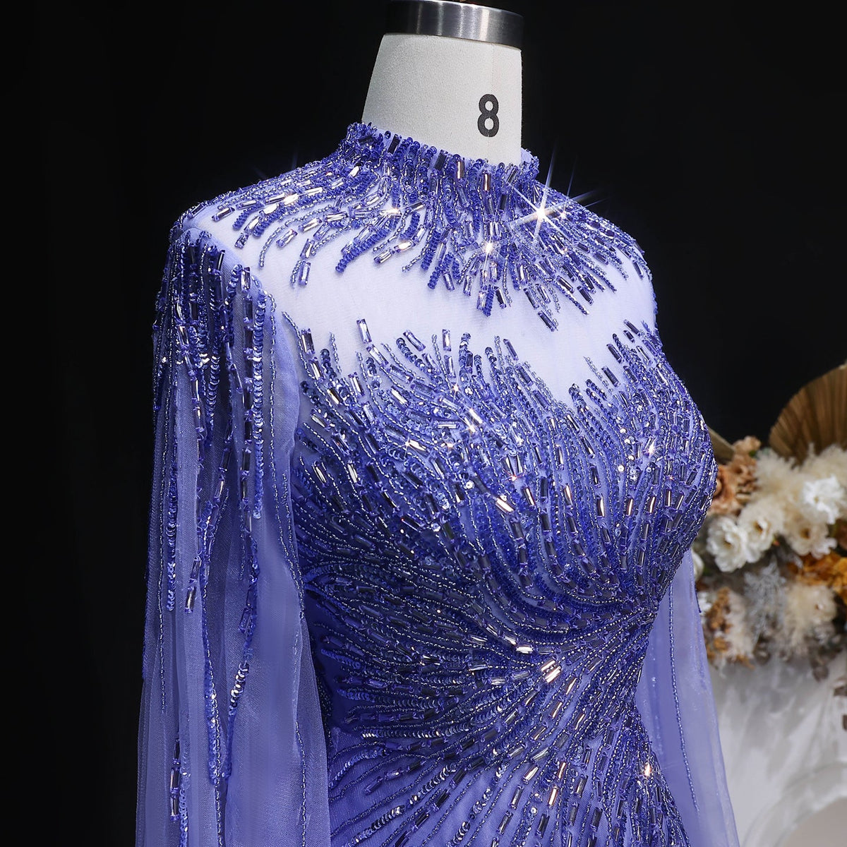 Luxury Blue High Neck Beaded Evening Dress with Cape Sleeve SS134 