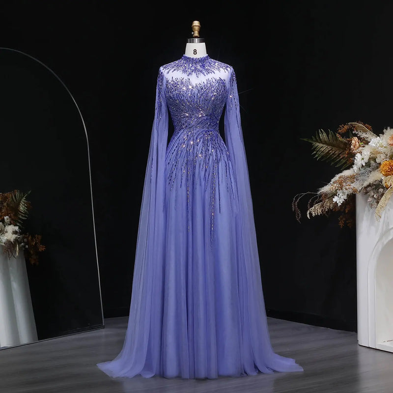Luxury Blue High Neck Beaded Evening Dress with Cape Sleeve SS134 