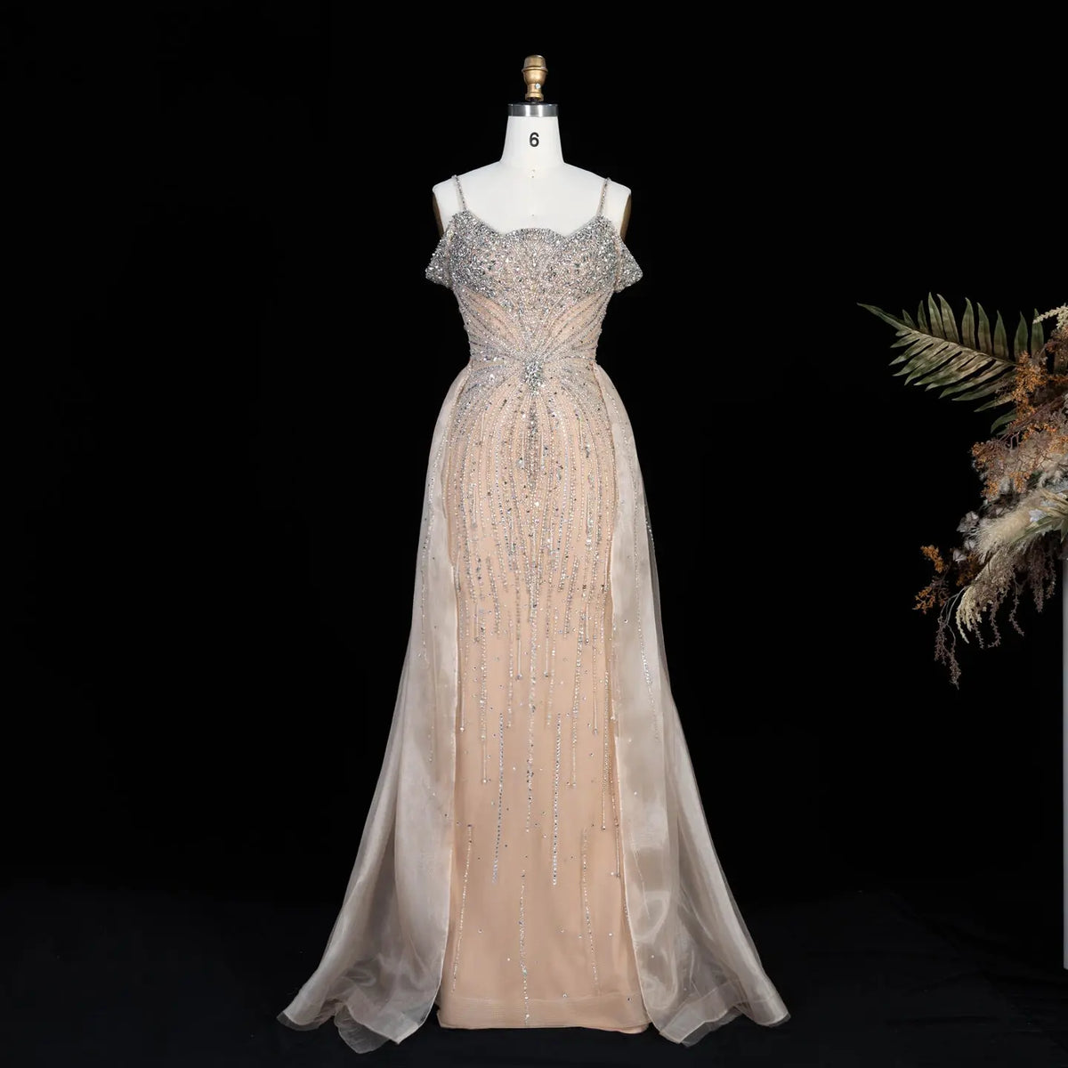 Champagne Beaded Organza Overskirt Evening Dress SS008