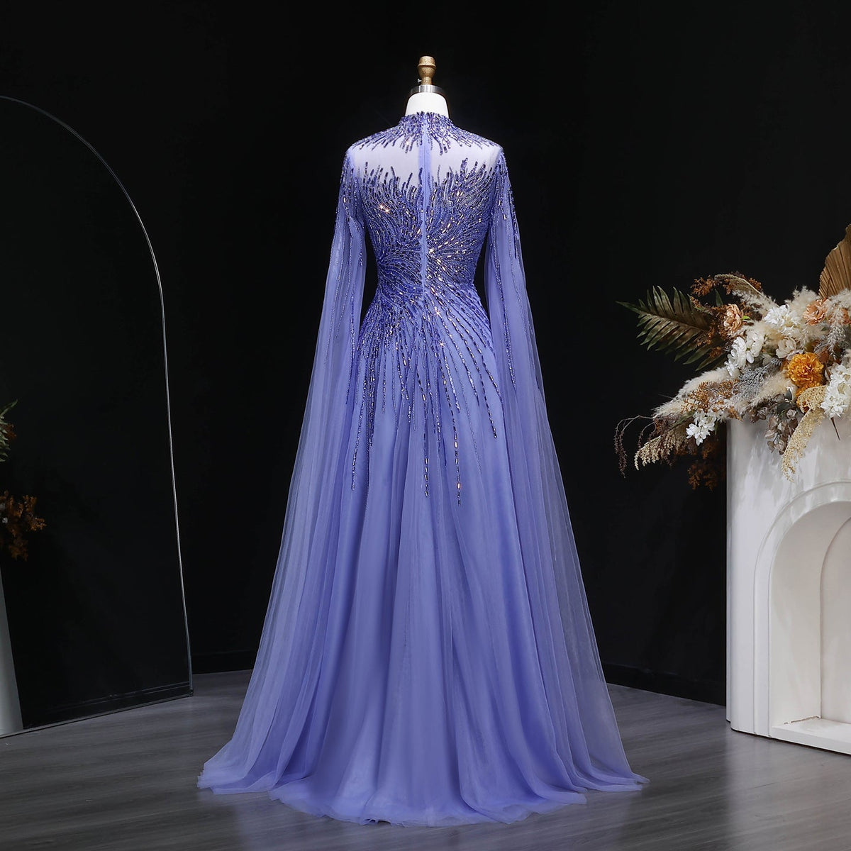 Luxury Blue High Neck Beaded Evening Dress with Cape Sleeve SS134 