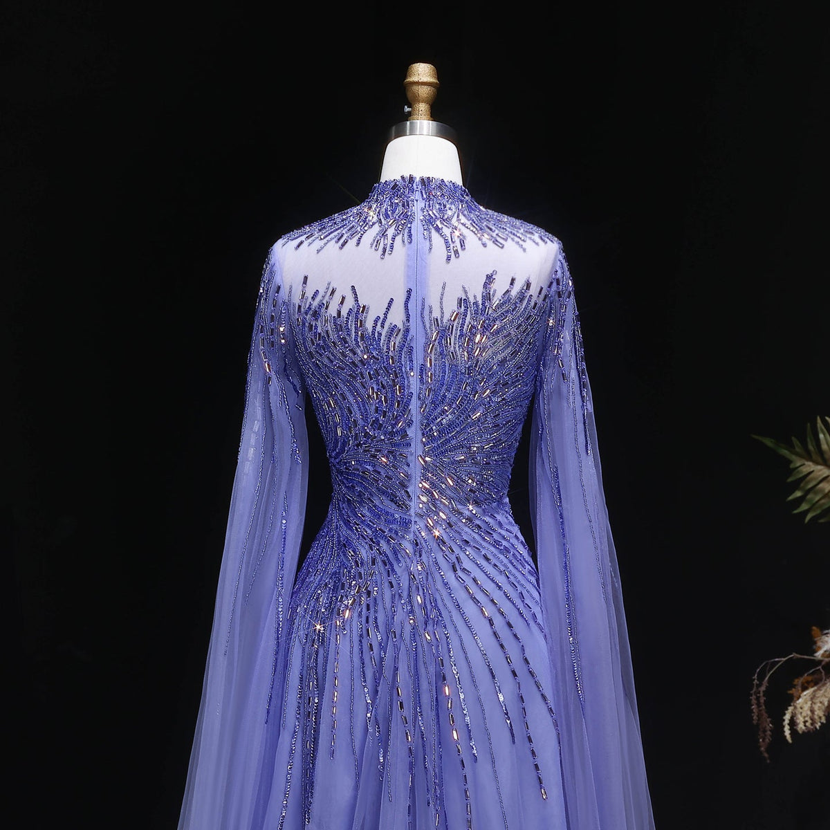 Luxury Blue High Neck Beaded Evening Dress with Cape Sleeve SS134 