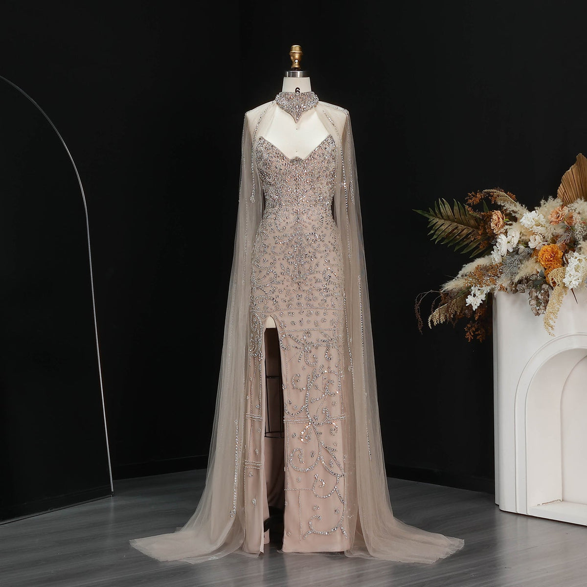Edgy Champagne High Neck Beaded Mermaid Evening Dress with Cape and Slit SS135 - SHARONSAID