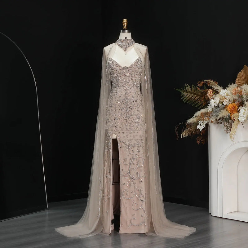 Edgy Champagne High Neck Beaded Mermaid Evening Dress with Cape and Slit SS135 