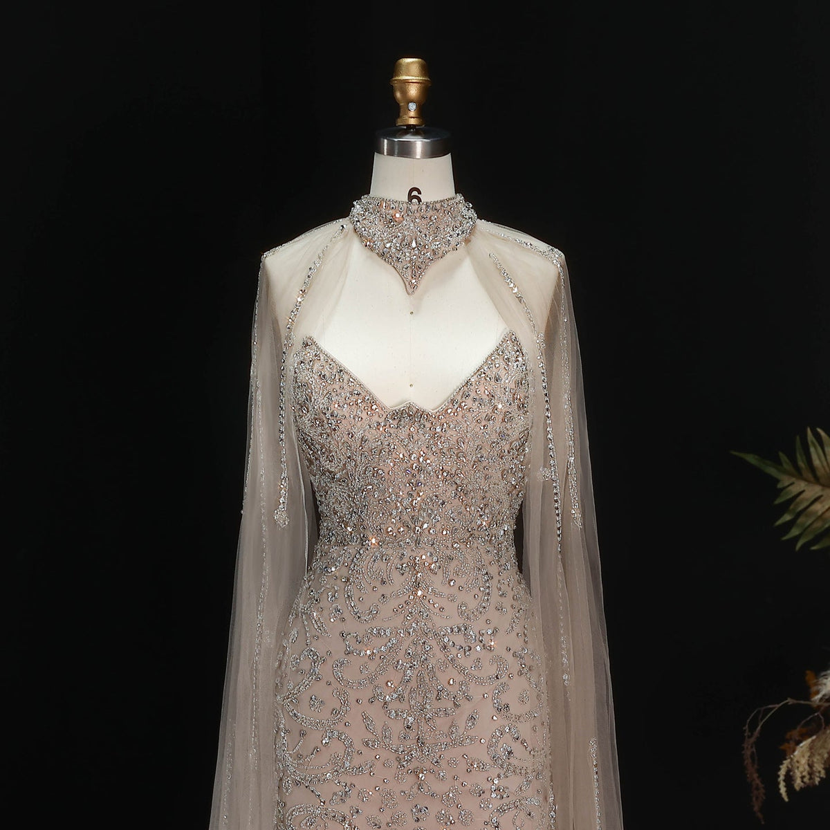Edgy Champagne High Neck Beaded Mermaid Evening Dress with Cape and Slit SS135 - SHARONSAID