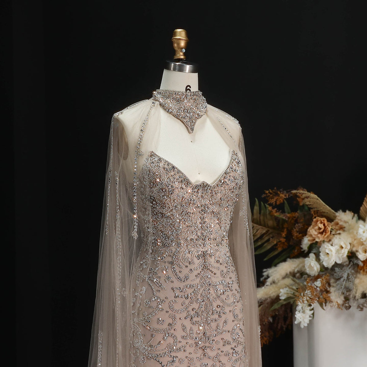 Edgy Champagne High Neck Beaded Mermaid Evening Dress with Cape and Slit SS135 - SHARONSAID