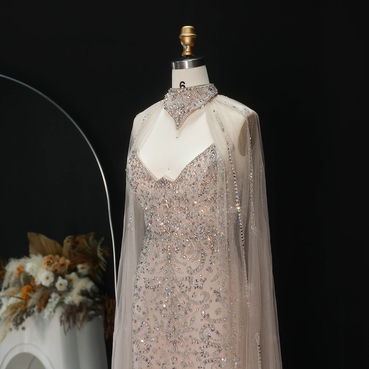 Edgy Champagne High Neck Beaded Mermaid Evening Dress with Cape and Slit SS135 - SHARONSAID