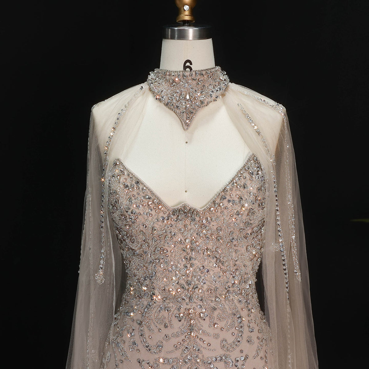 Edgy Champagne High Neck Beaded Mermaid Evening Dress with Cape and Slit SS135 - SHARONSAID