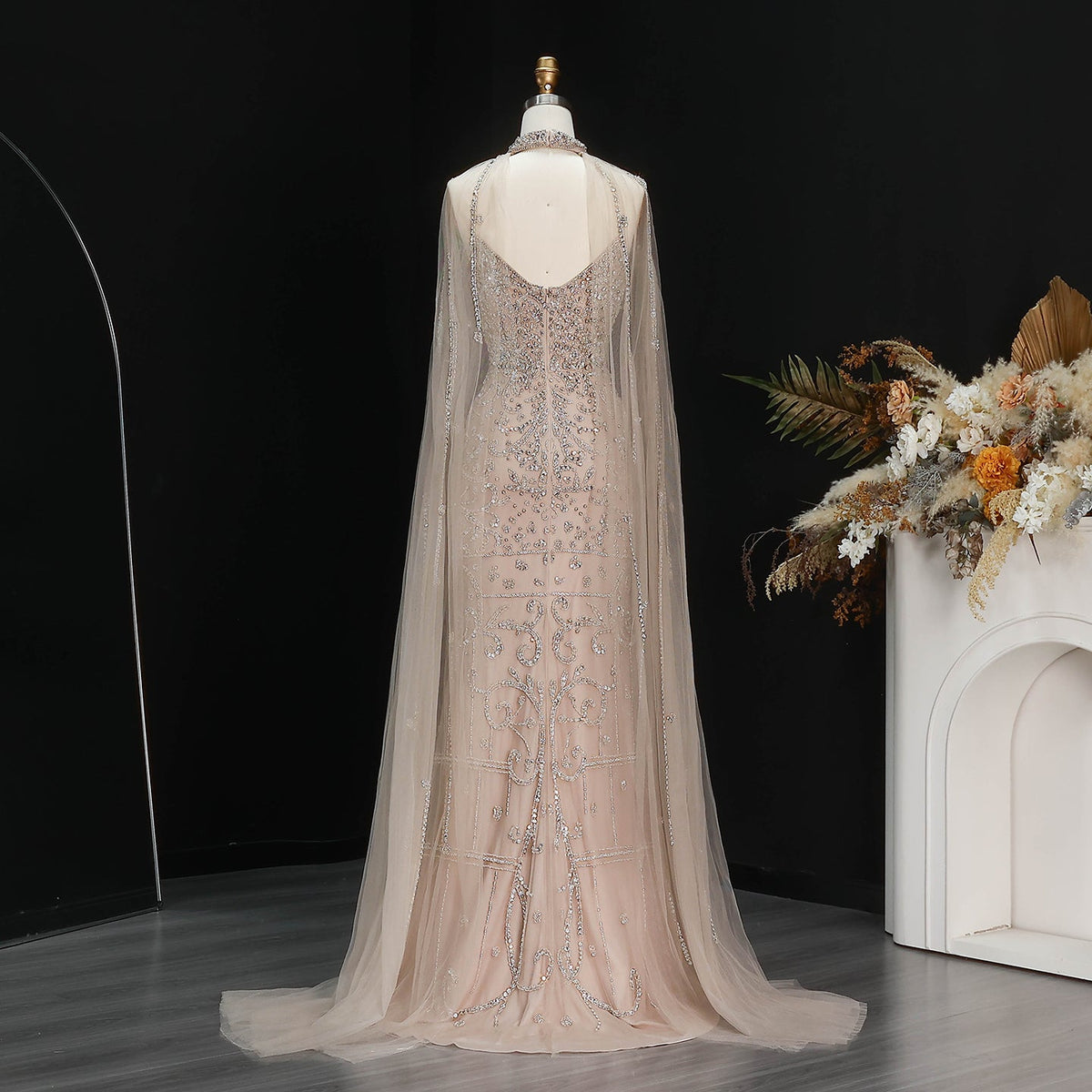 Edgy Champagne High Neck Beaded Mermaid Evening Dress with Cape and Slit SS135 - SHARONSAID