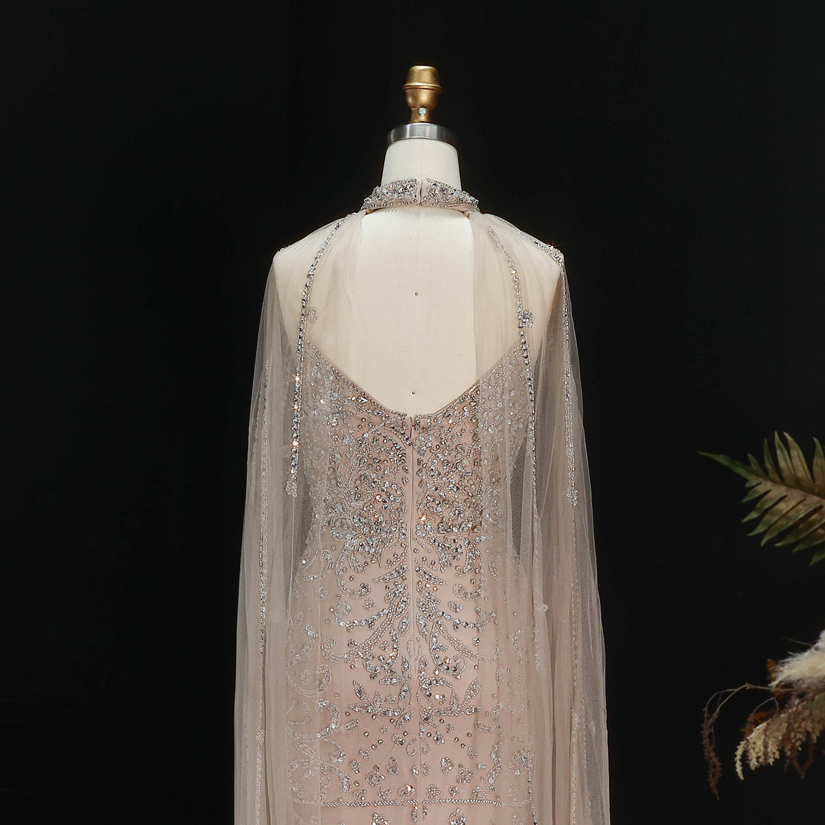 Edgy Champagne High Neck Beaded Mermaid Evening Dress with Cape and Slit SS135 - SHARONSAID