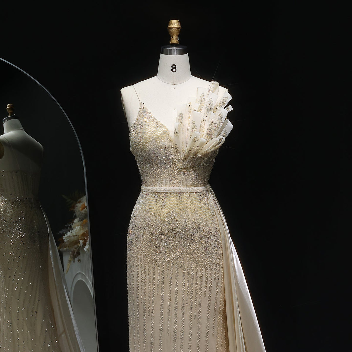 Luxury Beige Beaded Mermaid Evening Dress with Overskirt SS094