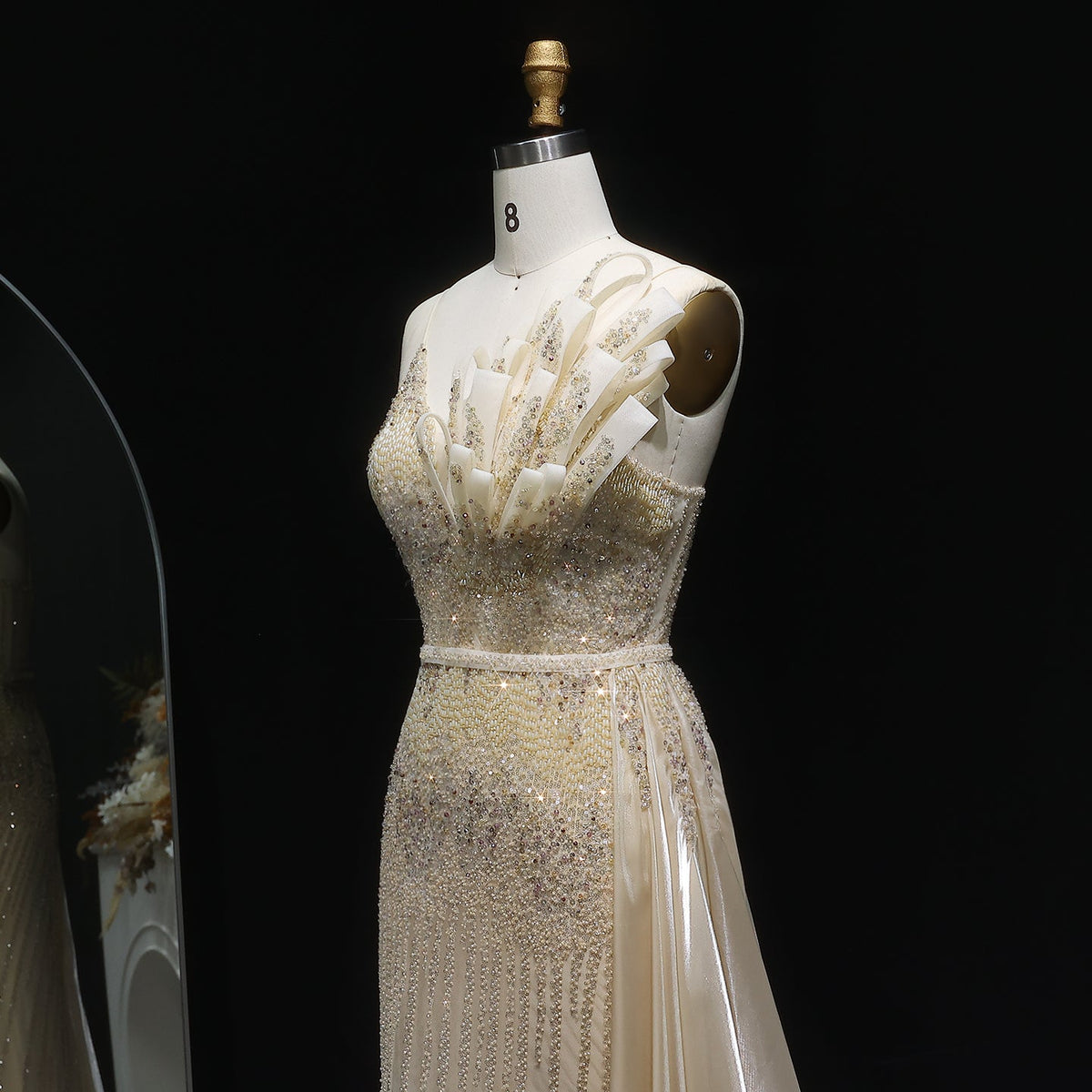 Luxury Beige Beaded Mermaid Evening Dress with Overskirt SS094