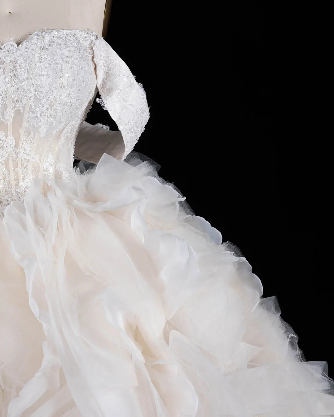 Off White Lace Corset Tiered Ruffle Tulle Wedding Dress-7