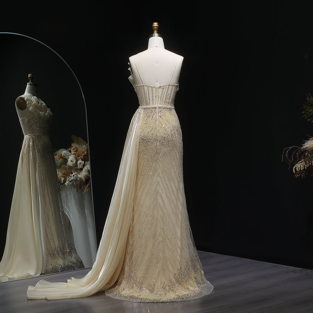 Luxury Beige Beaded Mermaid Evening Dress with Overskirt SS094