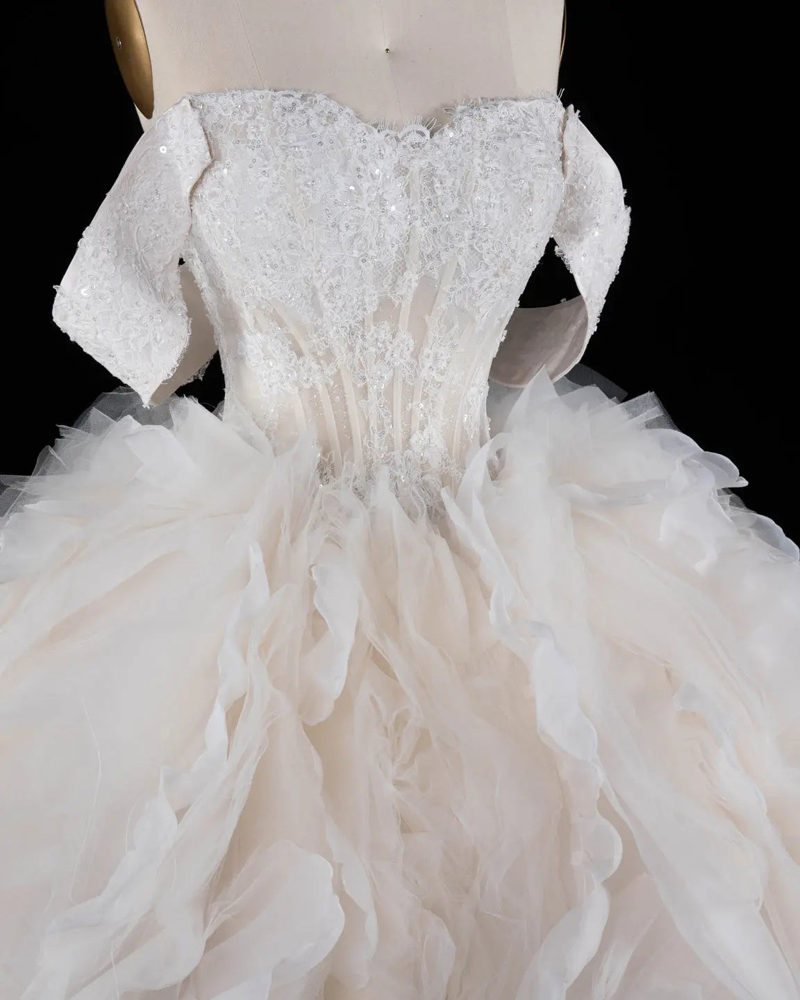 Off White Lace Corset Tiered Ruffle Tulle Wedding Dress-8