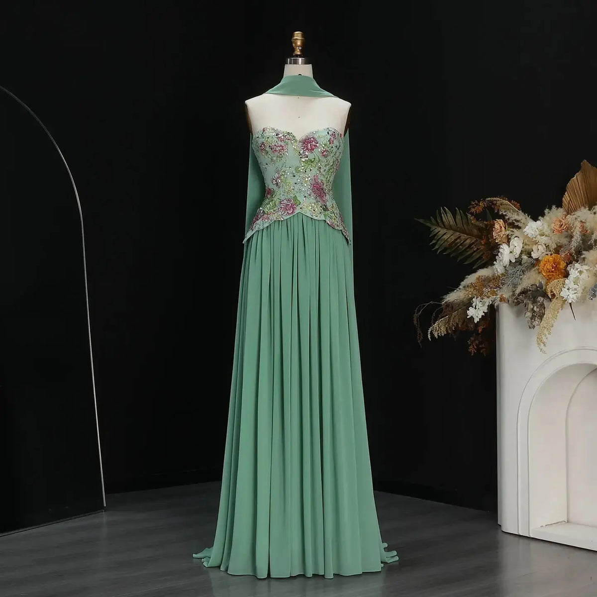 Chic Pink Floral Embellished Peplum Chiffon Evening Dress with Scarf SS480 